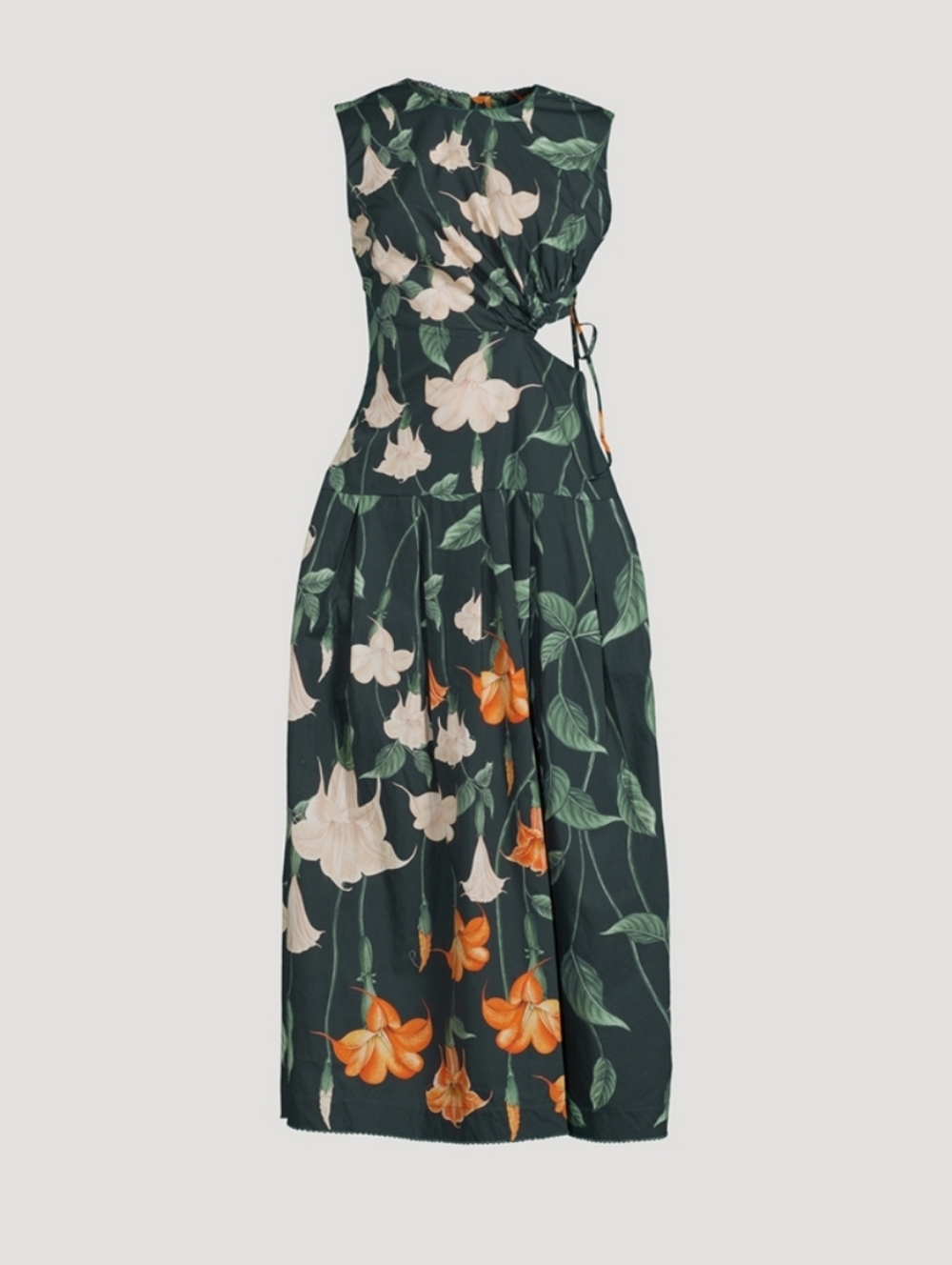 Agua by Agua Bendita Dark Green Floral Midi Dress with Cream and Orange Blooms